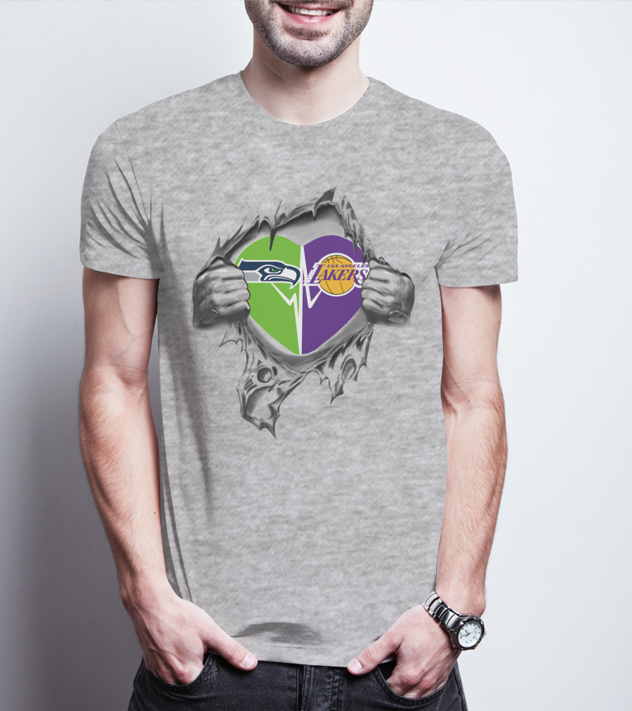Seahawks Lakers Heart With Logos In Torn T-Shirt