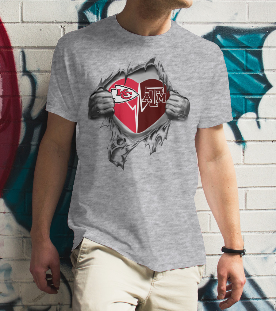 Kansas City Chiefs And Texas A&M Heart Logo With Ripped T-Shirt