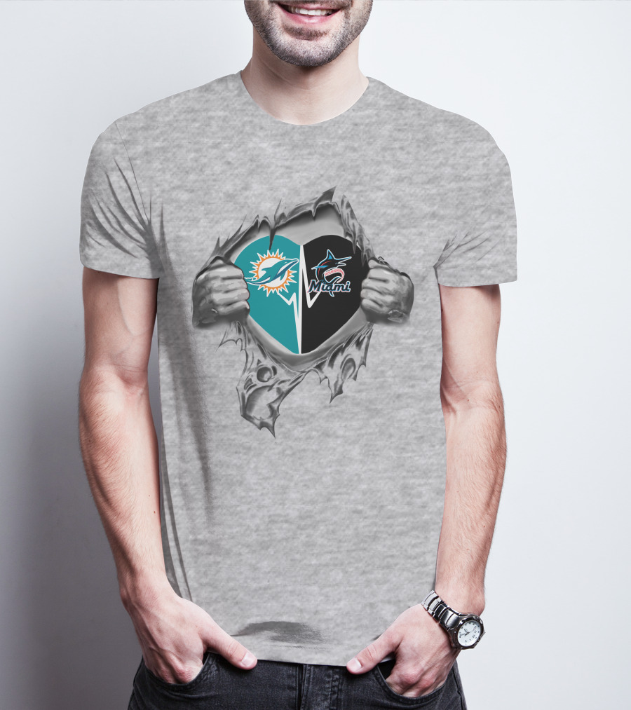 Miami Dolphins Marlins Heart Torn Reveal T-Shirt