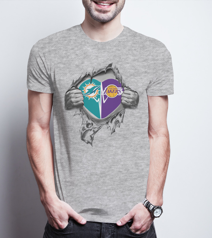 Dolphins Lakers Heart Torn Silver Hands T-Shirt
