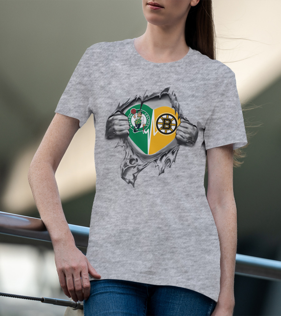 Boston Celtics Bruins Heart Inside Featuring Logos And Heartbeat T-Shirt