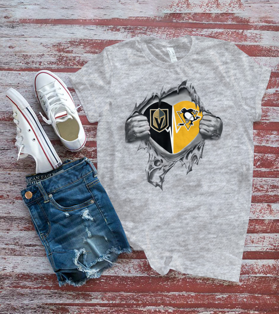 Vegas Golden Knights Pittsburgh Penguins Heartbeat Torn Fabric T-Shirt