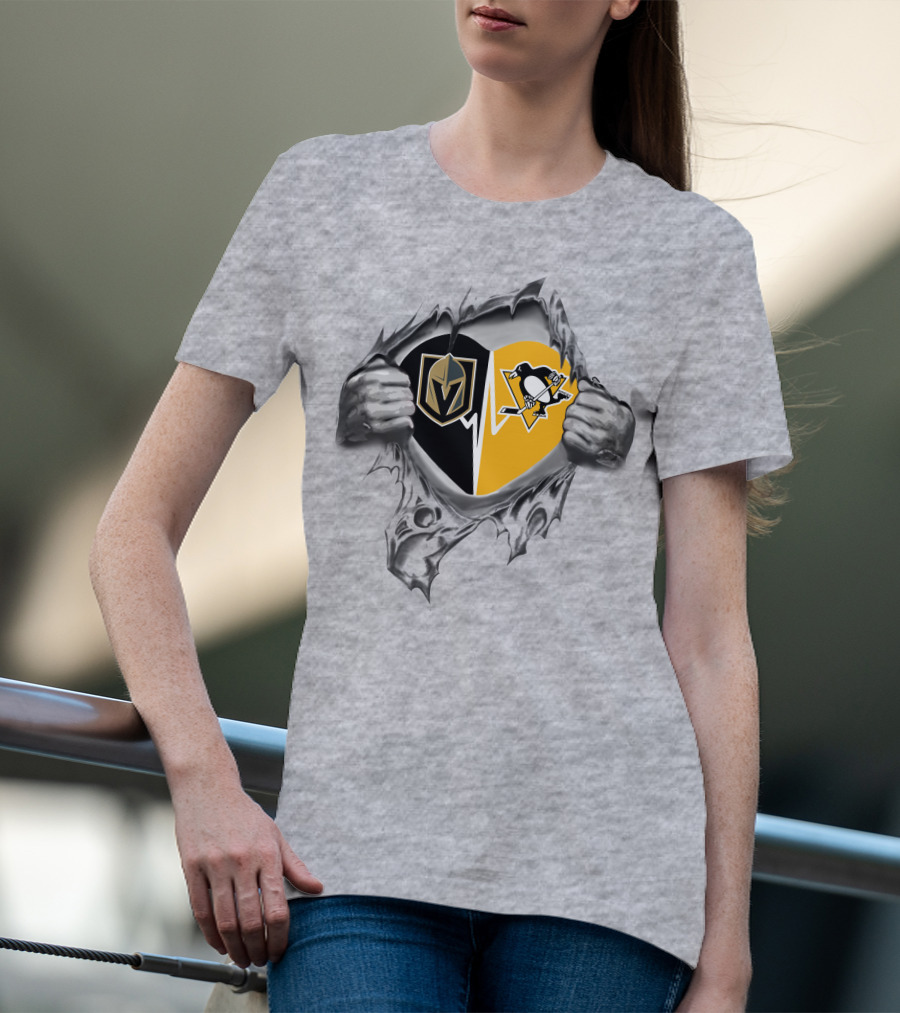 Vegas Golden Knights Pittsburgh Penguins Heartbeat Torn Fabric T-Shirt
