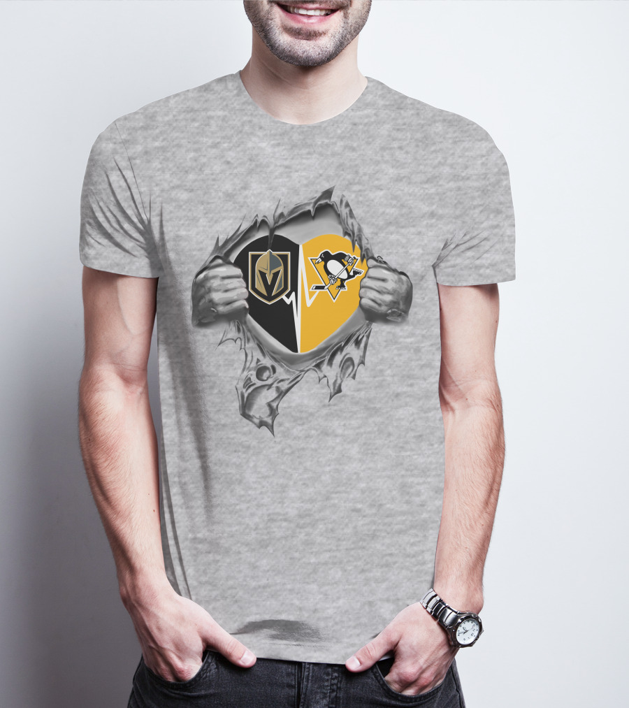 Vegas Golden Knights Pittsburgh Penguins Heartbeat Torn Fabric T-Shirt