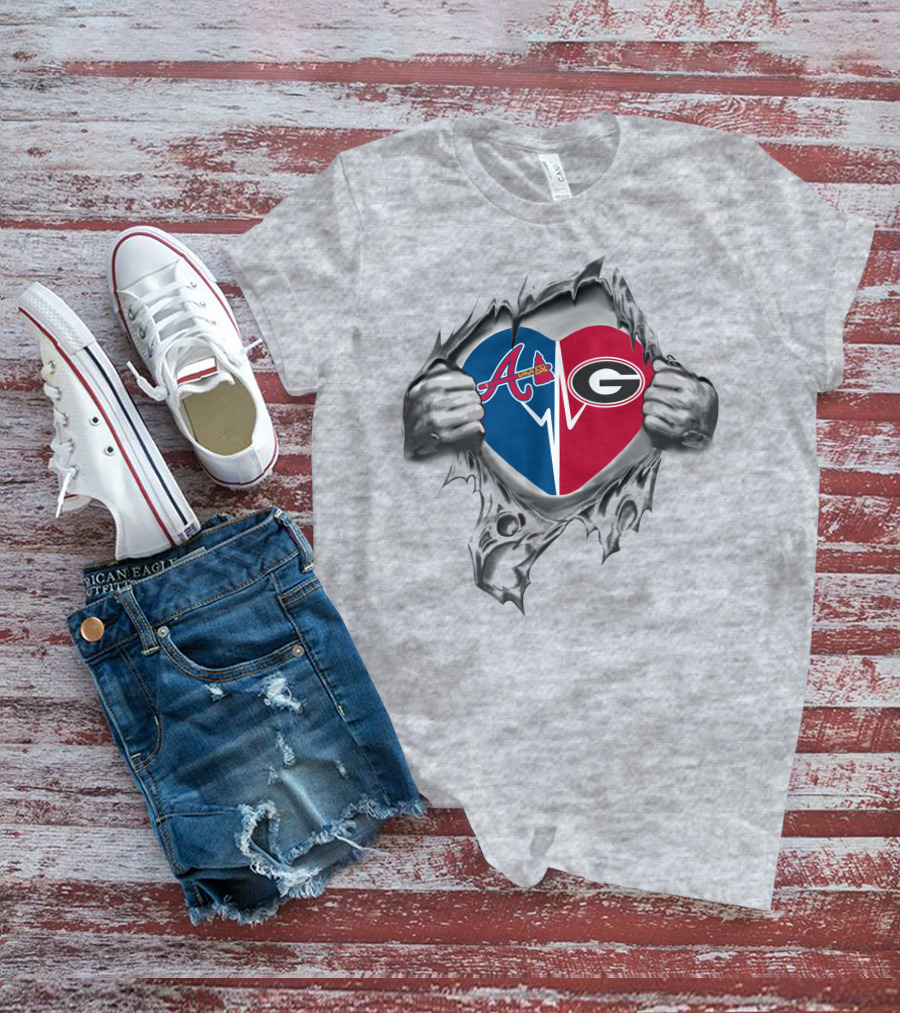 Braves Bulldogs Split Heart Design With Atlanta And Georgia Logos T-Shirt