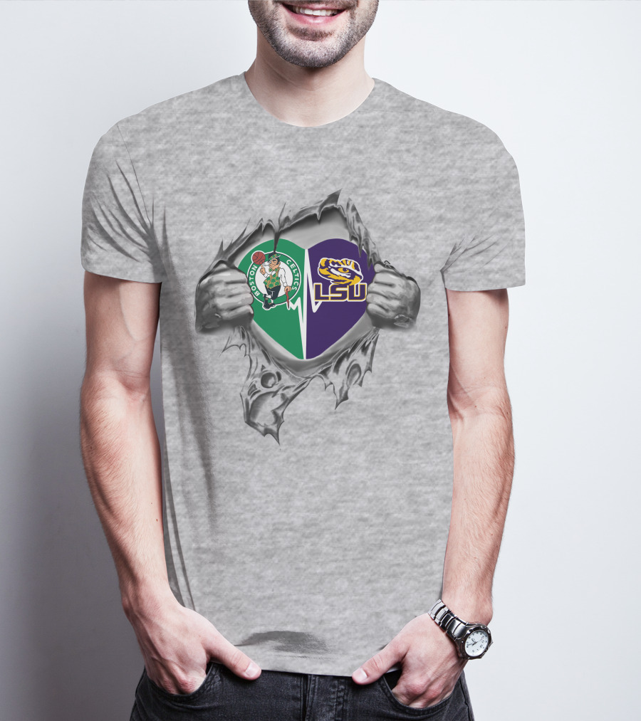 Boston Celtics Lsu Tigers Heartbeat Split Logo Peeling T-Shirt