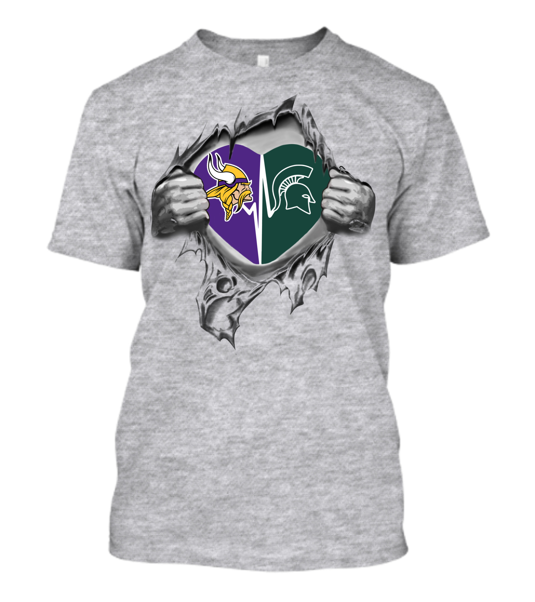 Vikings Spartans Heart Symbol With Helmet Logos And Torn Gray Ripped Effect T-Shirt