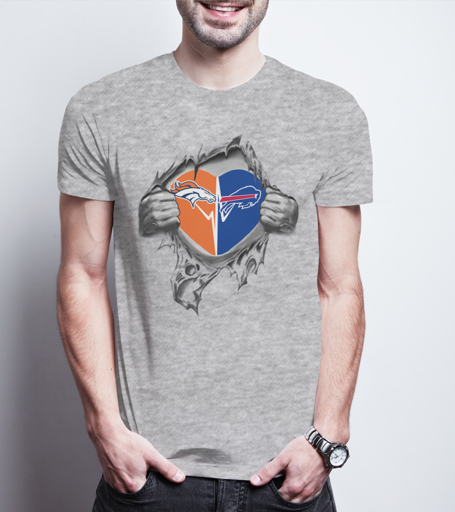 Broncos Bills Heart Logo Torn Fabric T-Shirt