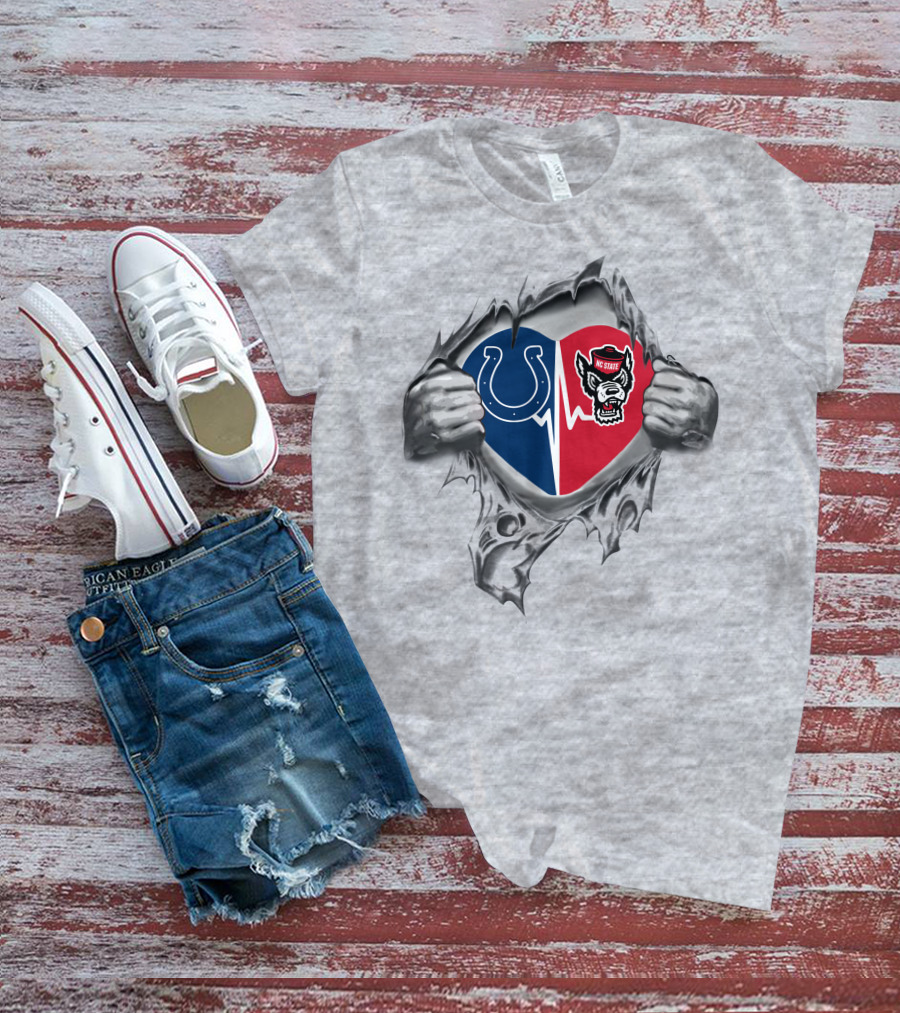 Colts Nc State Dual Heart Logo Design Featuring Indianapolis Colts Horseshoe And Nc State Wolfpack Wolf Head T-Shirt