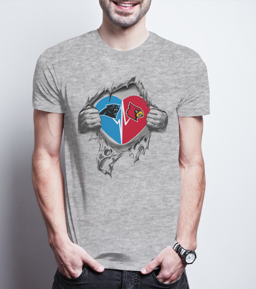 Panthers Louisville Cardinals Heart Symbol Split Blue Red T-Shirt