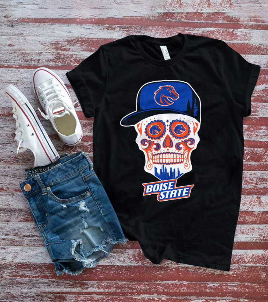 Boise State Broncos Skull With Hat And City Skyline T-Shirt