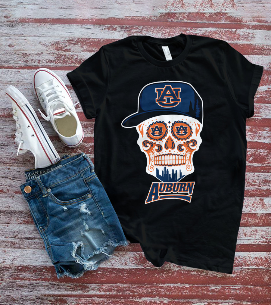 Auburn Tigers Skull Sugar Skull Design With Cap T-Shirt