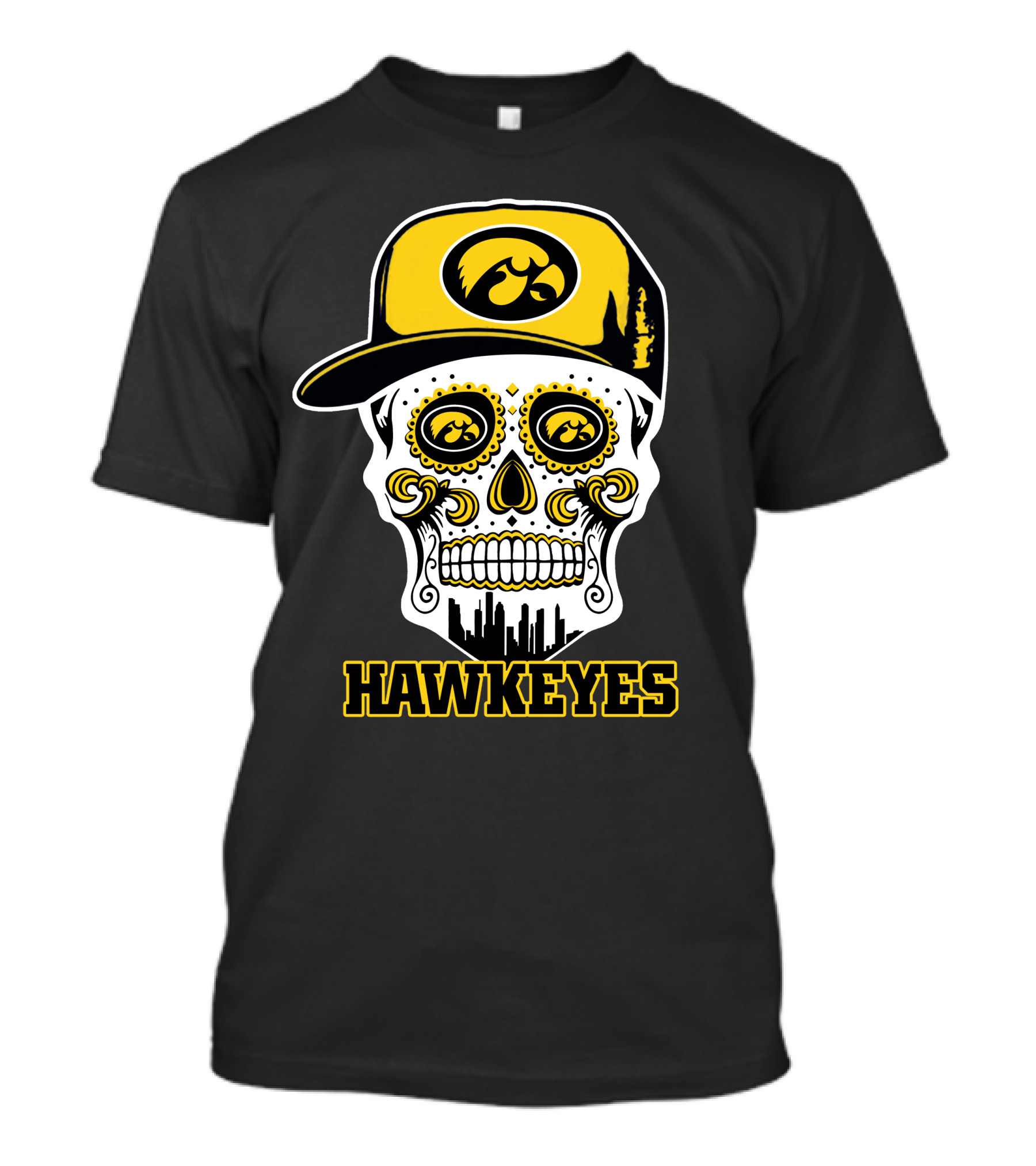Iowa Hawkeyes Skull With Cap And City Skyline T-Shirt