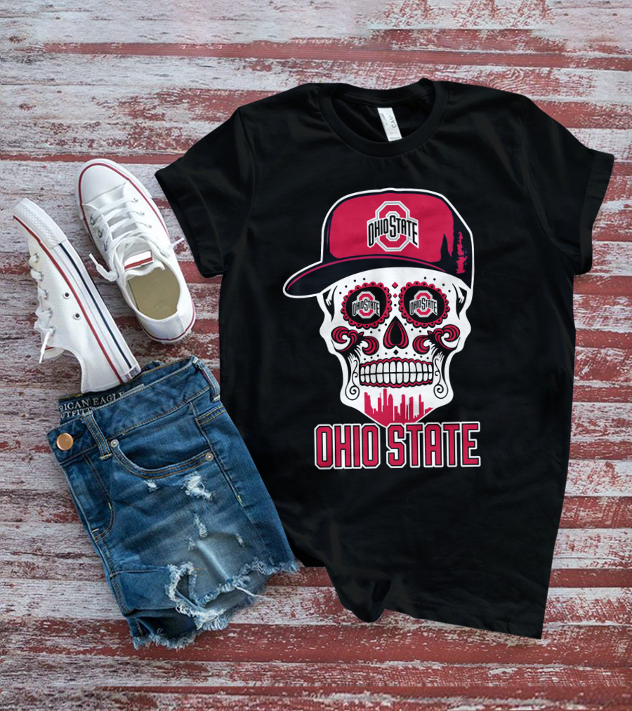 Ohio State Buckeyes Skull With Baseball Cap And Cityscape Elements T-Shirt