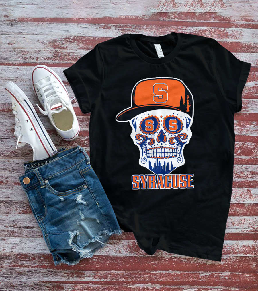 Syracuse Orange Skull With Baseball Cap And Cityscape Elements T-Shirt