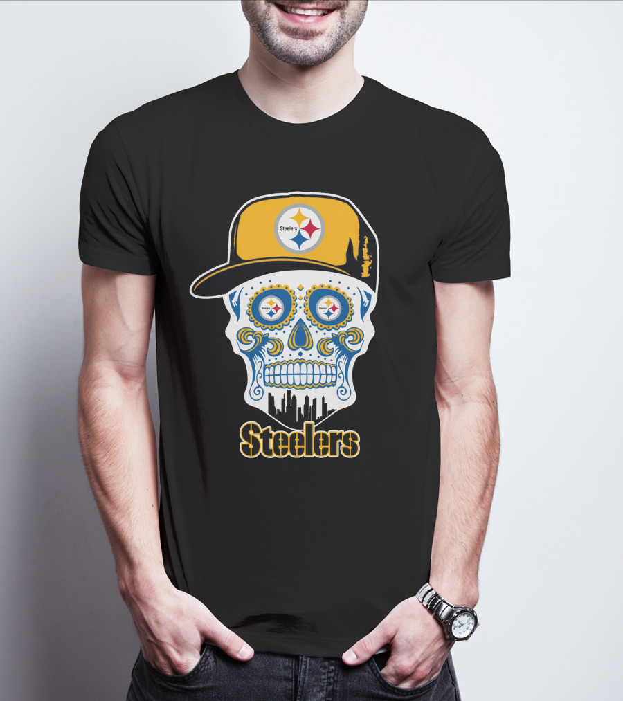 Steelers Skull With Yellow Cap And City Silhouette T-Shirt