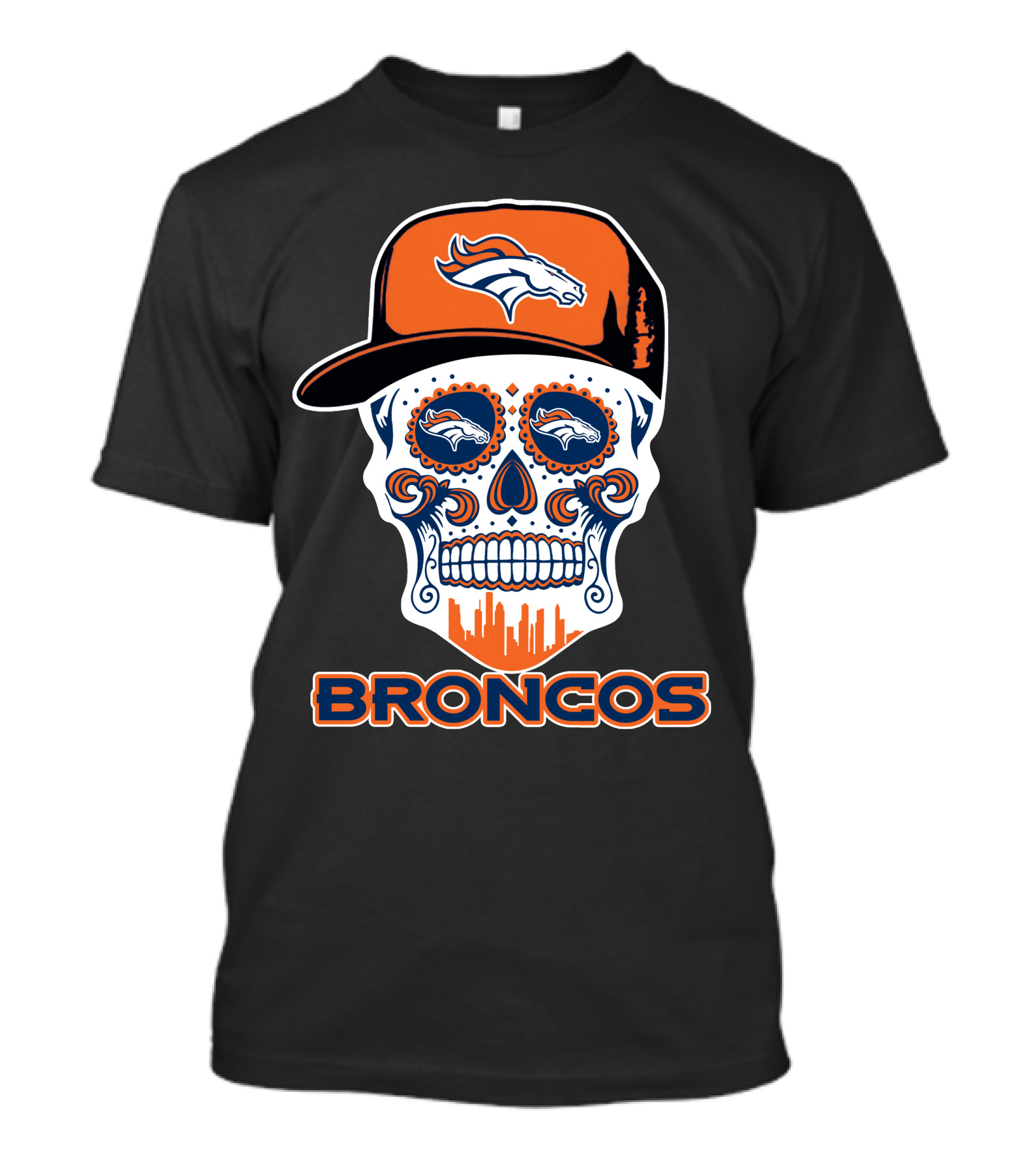 Denver Broncos Skull With Cap And Logos T-Shirt