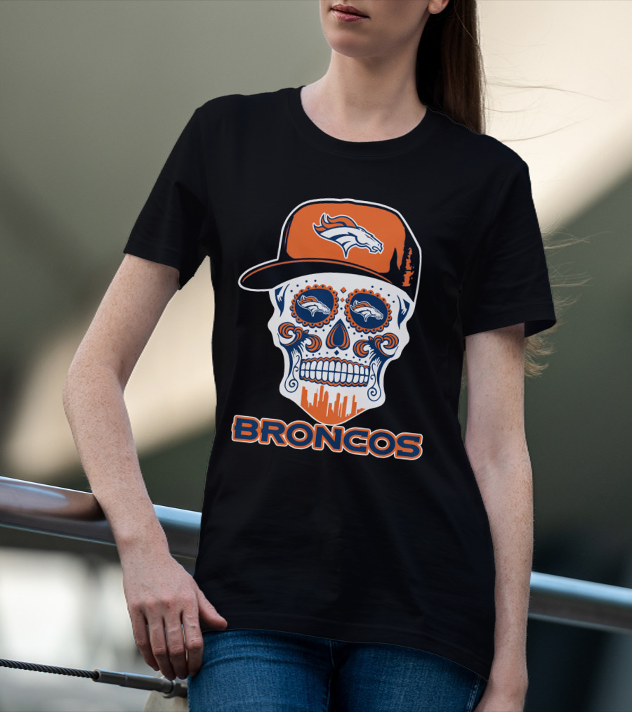 Denver Broncos Skull With Cap And Logos T-Shirt