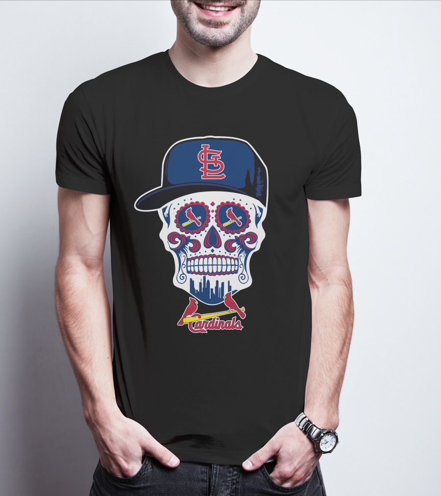 St Louis Cardinals Sugar Skull With Cap And Logos T-Shirt