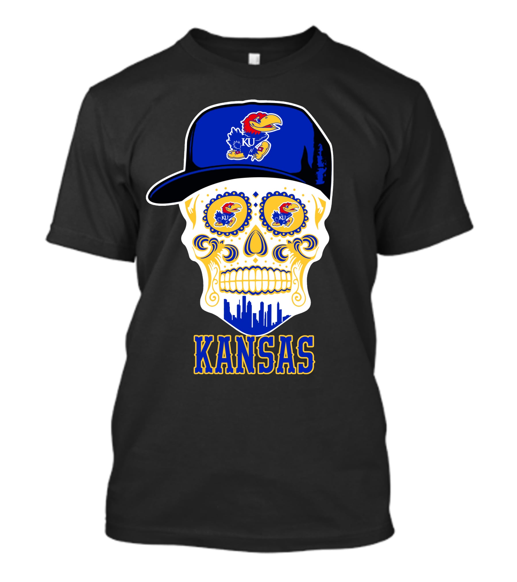 Kansas Jayhawks Skull Hat Ku T-Shirt