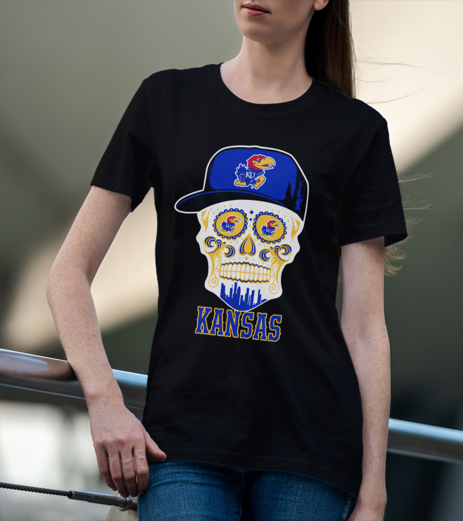 Kansas Jayhawks Skull Hat Ku T-Shirt
