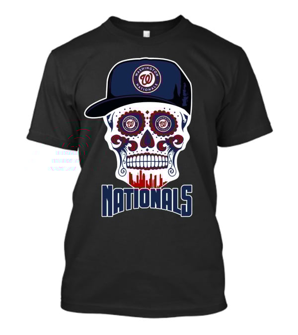 Washington Nationals Skull With Baseball Cap And City Silhouette T-Shirt