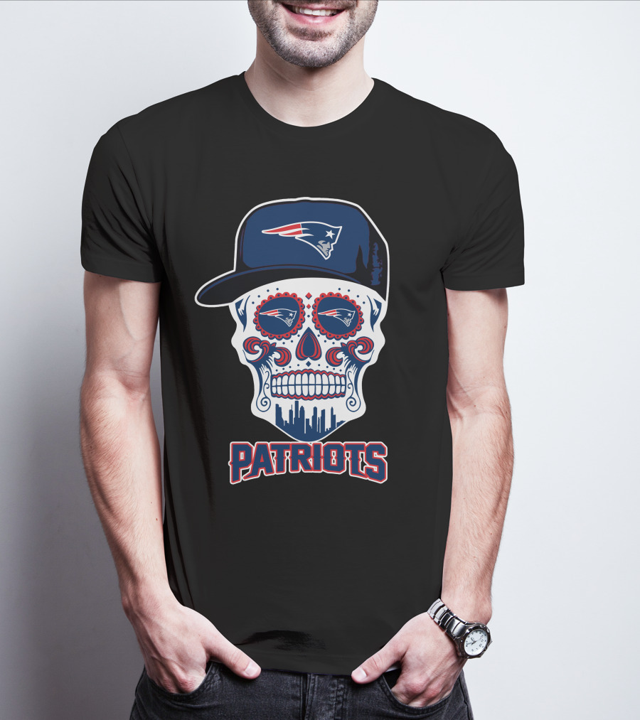 New England Patriots Skull With Hat And Cityscape T-Shirt