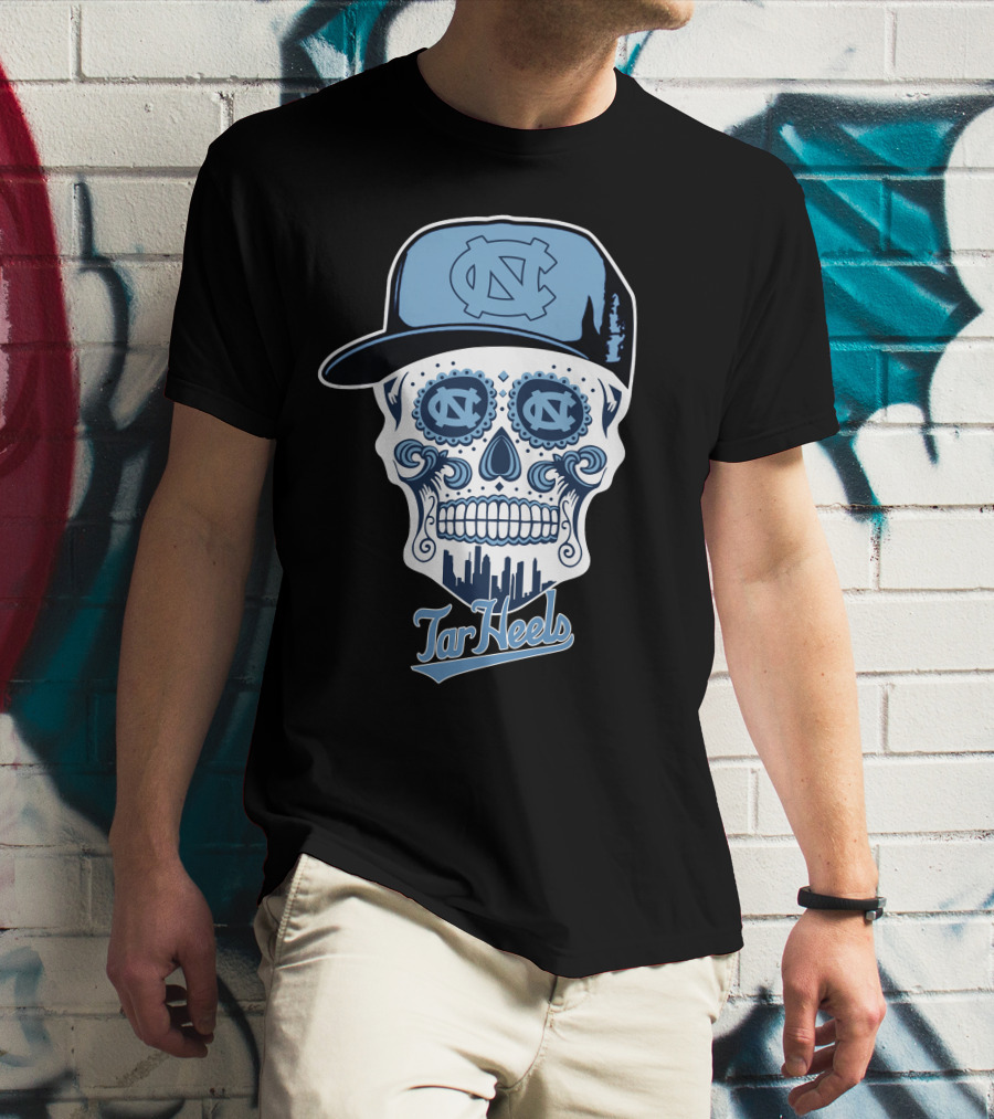 North Carolina Tar Heels Sugar Skull With Hat And Cityscape T-Shirt