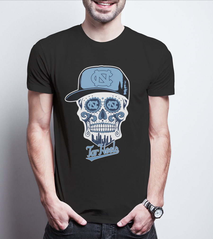North Carolina Tar Heels Sugar Skull With Hat And Cityscape T-Shirt