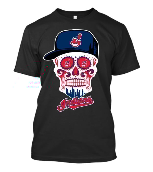 Cleveland Indians Sugar Skull With Baseball Cap And Skyline T-Shirt