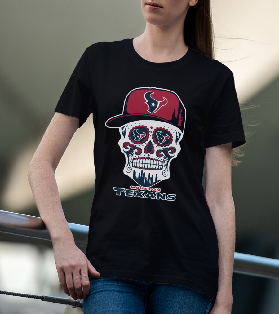 Houston Texans Skull With Cap And City Skyline T-Shirt