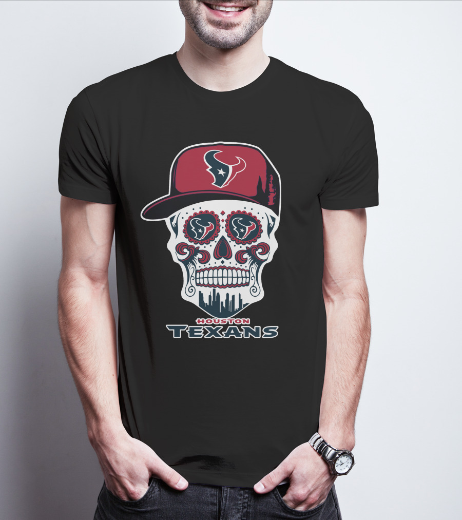 Houston Texans Skull With Cap And City Skyline T-Shirt