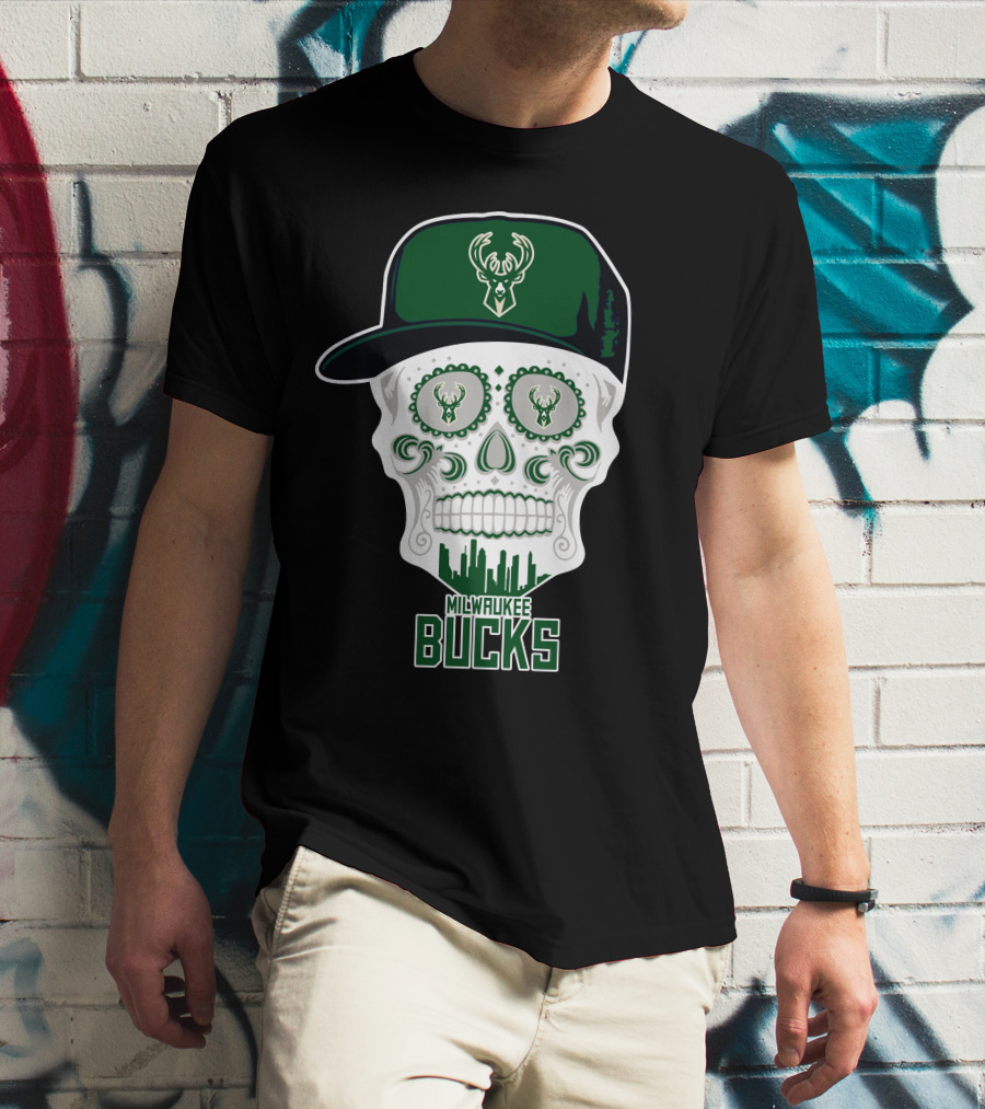 Milwaukee Bucks Skull With Cap And Skyline T-Shirt