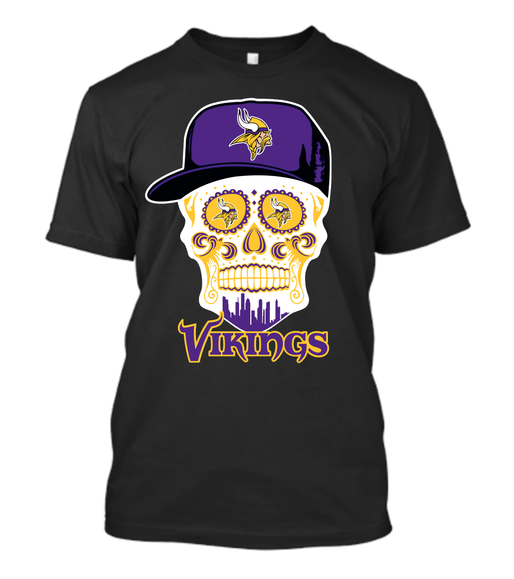 Minnesota Vikings Skull With Purple Hat And City Skyline T-Shirt