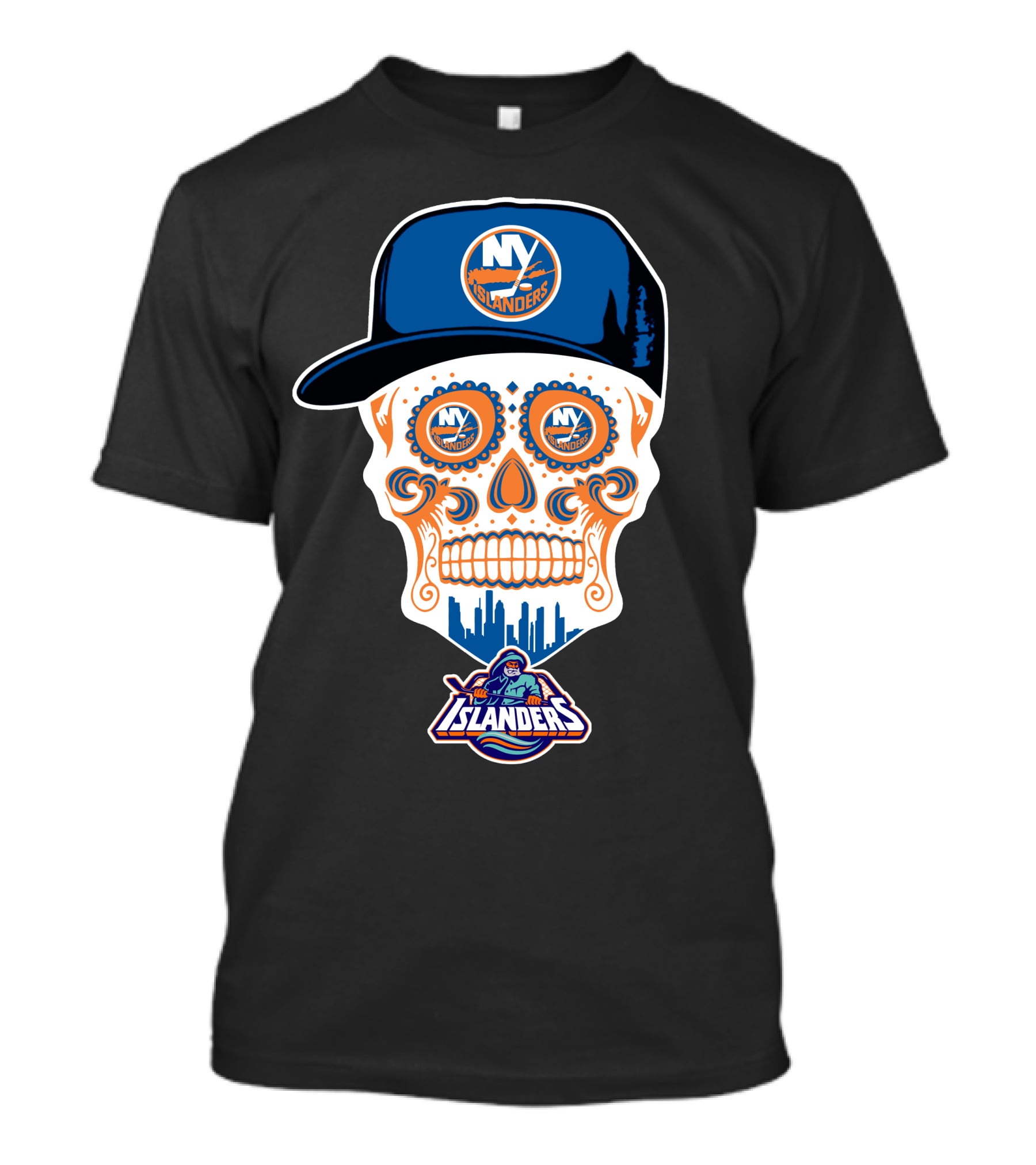 Ny Islanders Skull Logo With Cap And Cityscape T-Shirt