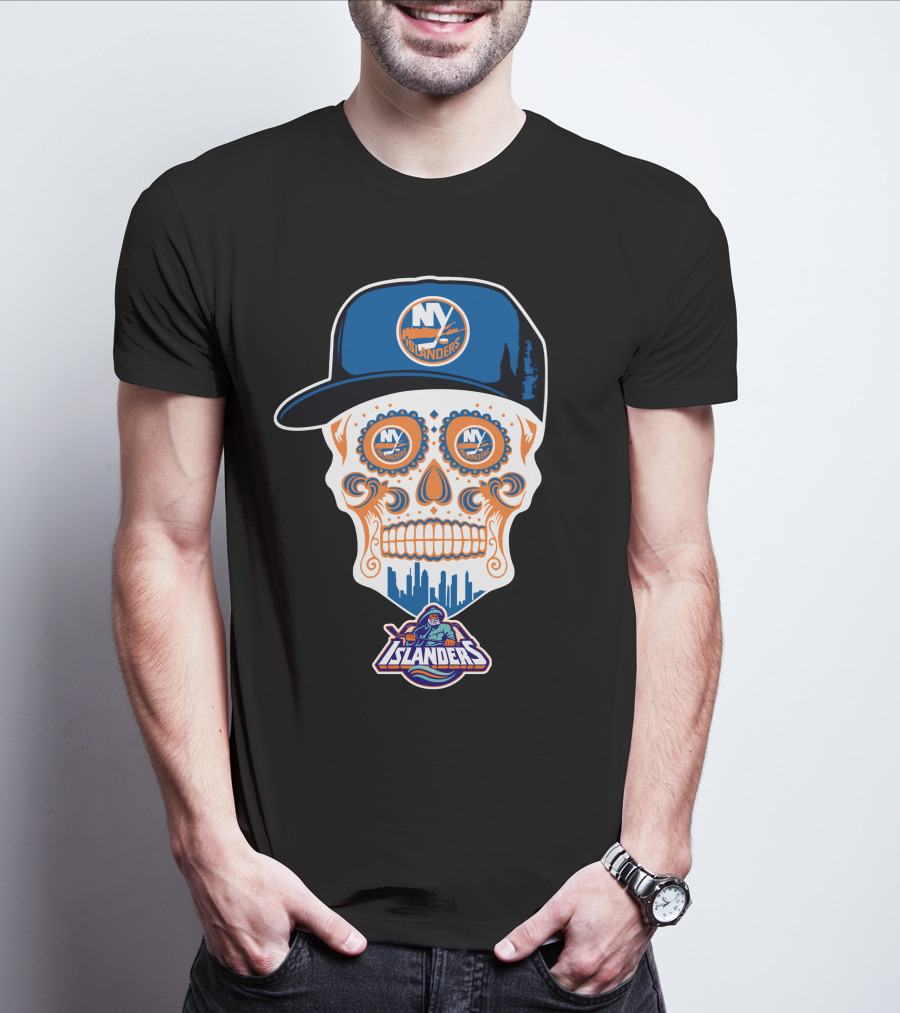 Ny Islanders Skull Logo With Cap And Cityscape T-Shirt