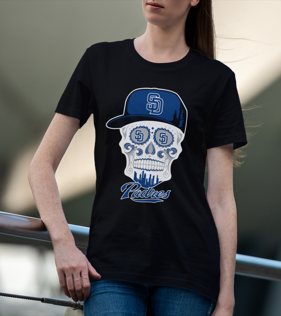 San Diego Padres Skull Design With Sd Cap And Cityscape Elements T-Shirt