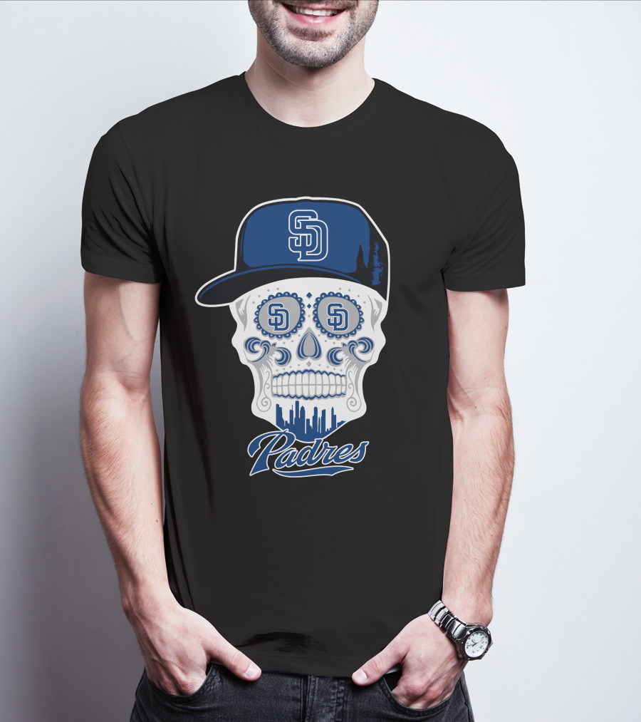 San Diego Padres Skull Design With Sd Cap And Cityscape Elements T-Shirt