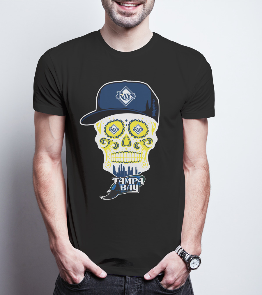 Tampa Bay Rays Skull With Hat And City Skyline T-Shirt