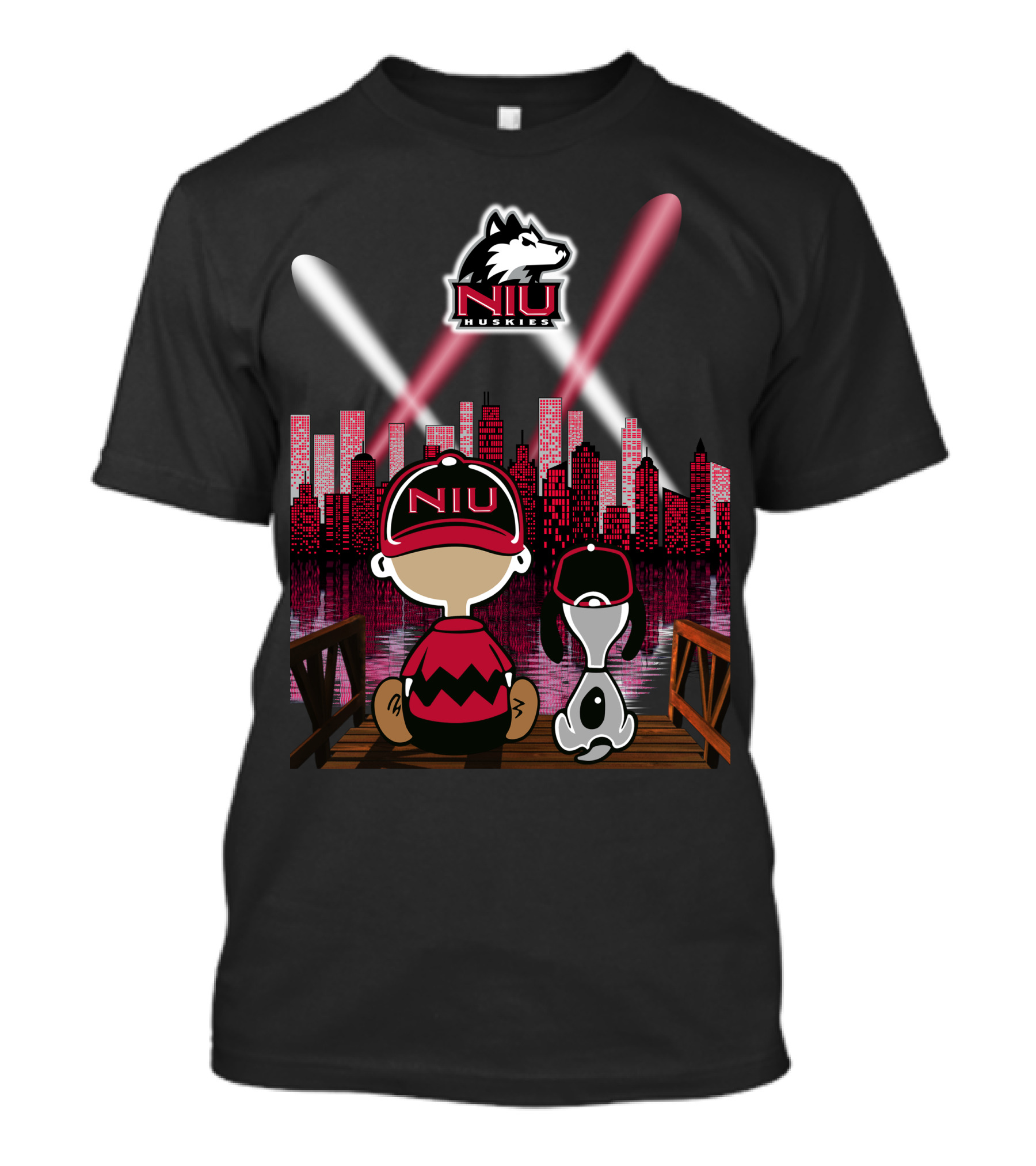Niu Huskies City Skyline Night Scene With Characters And Northern Illinois T-Shirt