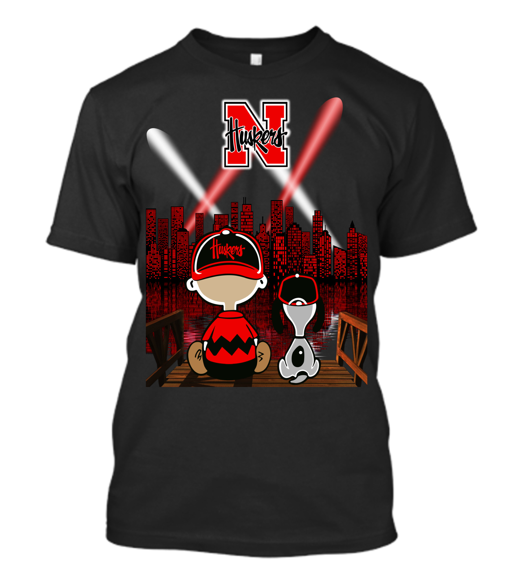 Huskers City By Night With N Logo And Iconic Cartoon Characters On A Bridge T-Shirt