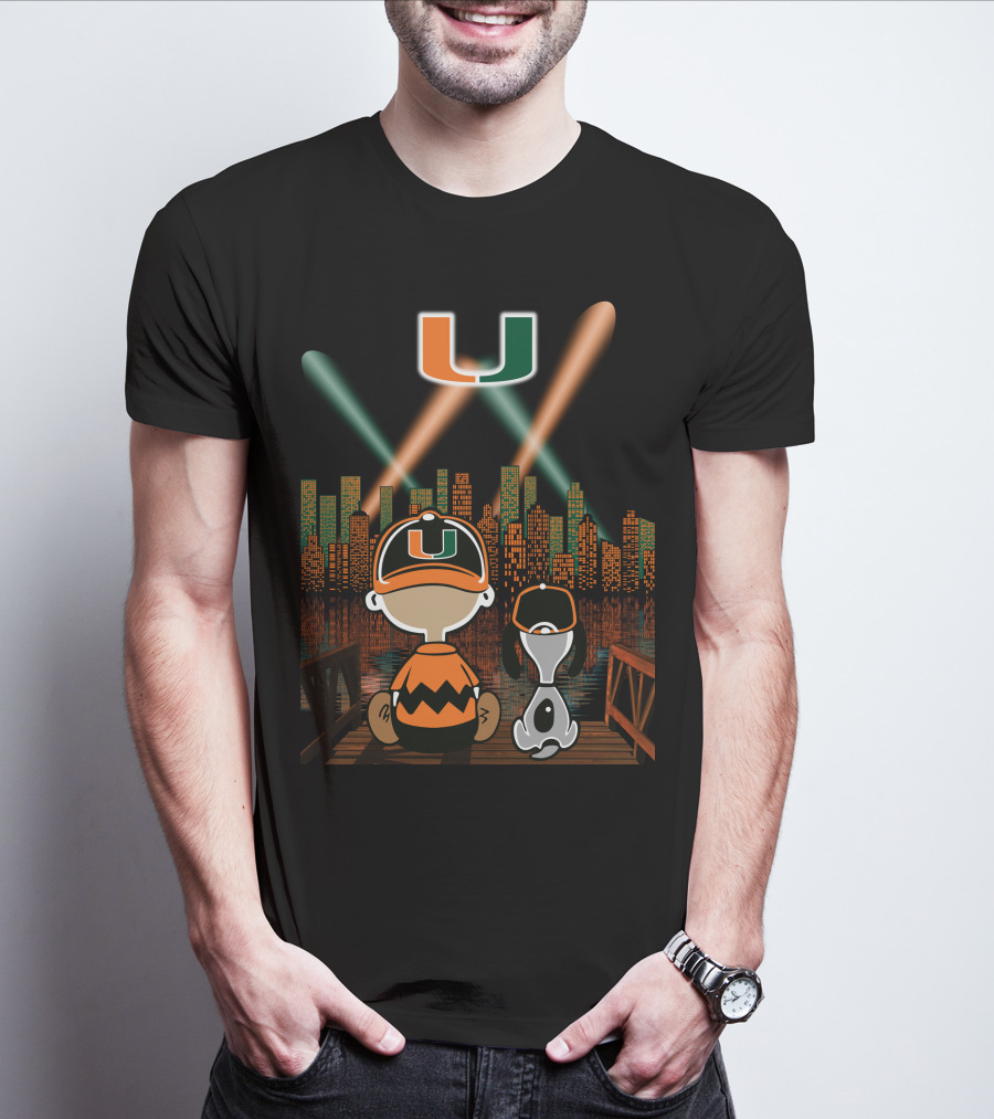 Miami Hurricanes City By Night Skyline Reflections With Characters T-Shirt