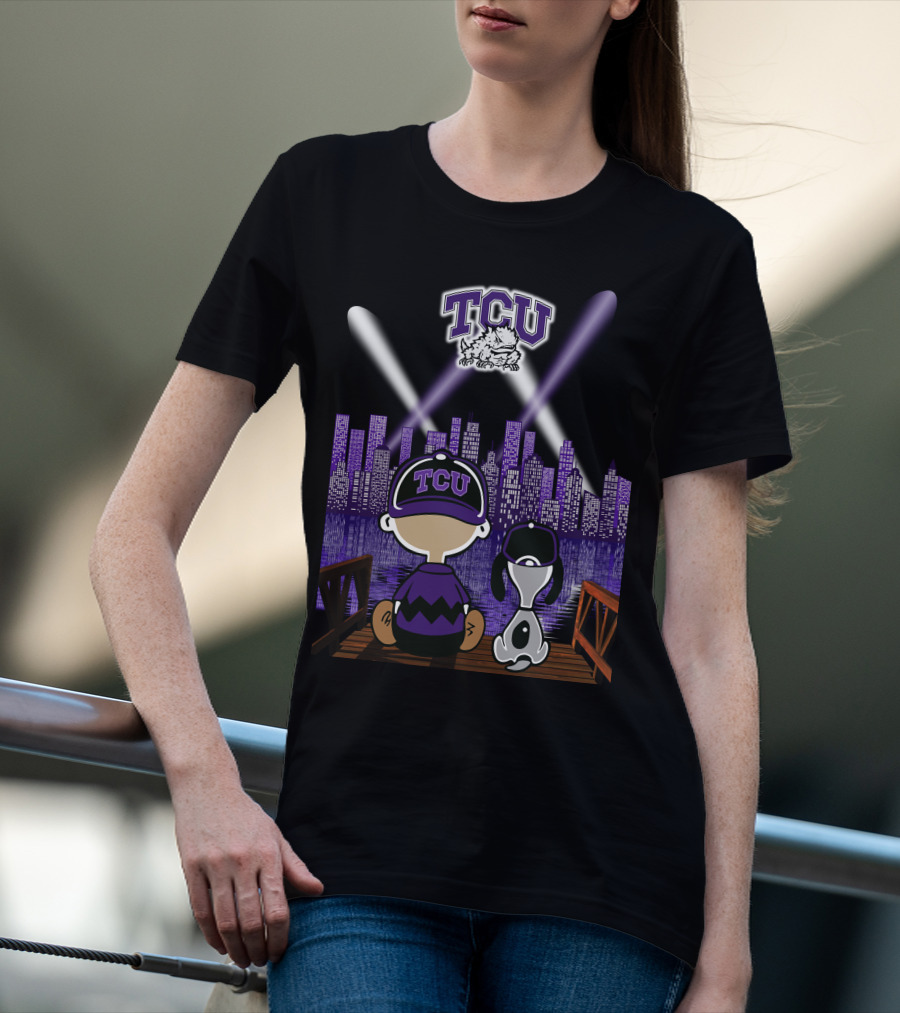 Tcu Horned Frogs City Skyline Night Scene With Mascot And Dog T-Shirt