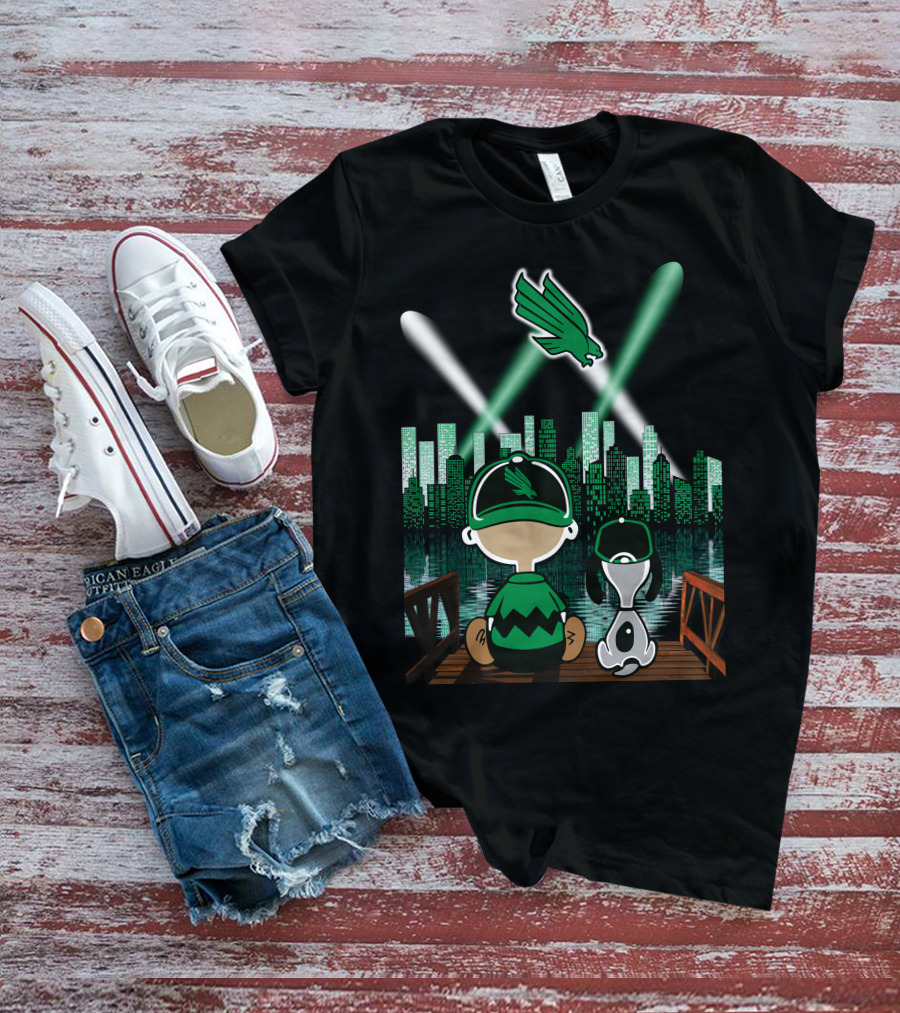 North Texas Mean Green City By Night Skyline With Cartoon Characters And Flying Bird T-Shirt