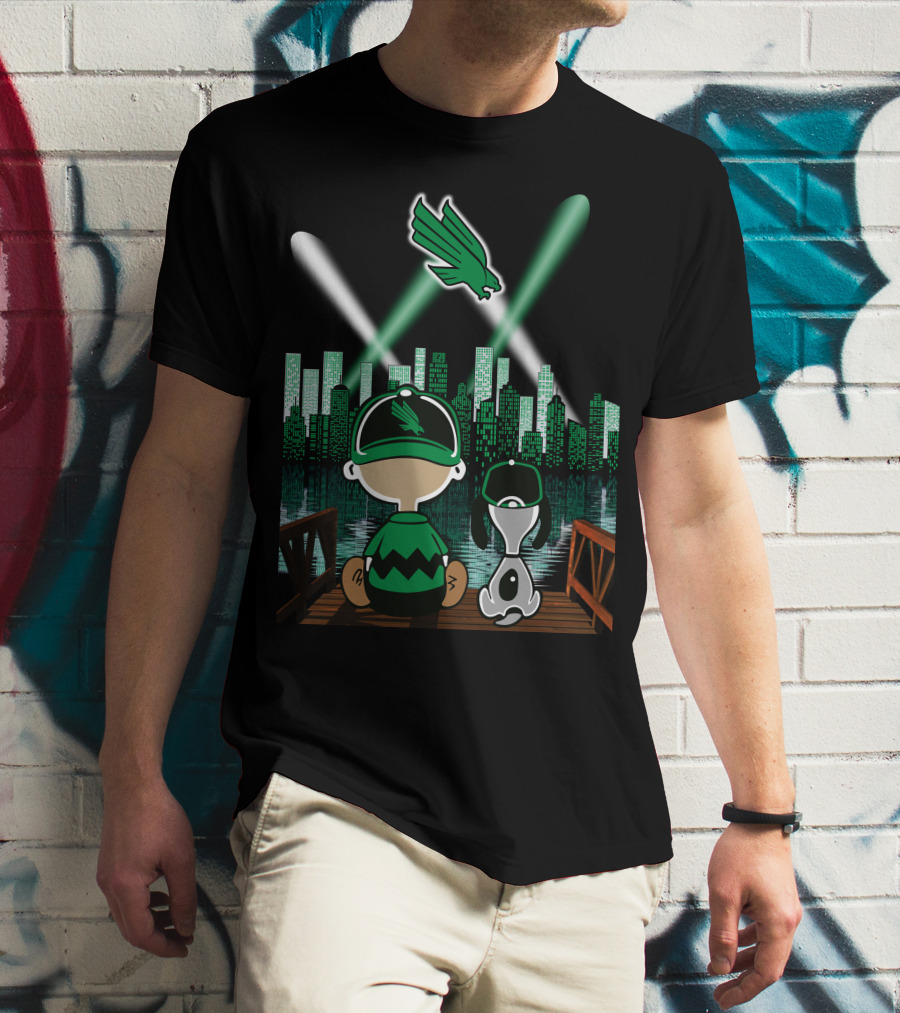 North Texas Mean Green City By Night Skyline With Cartoon Characters And Flying Bird T-Shirt