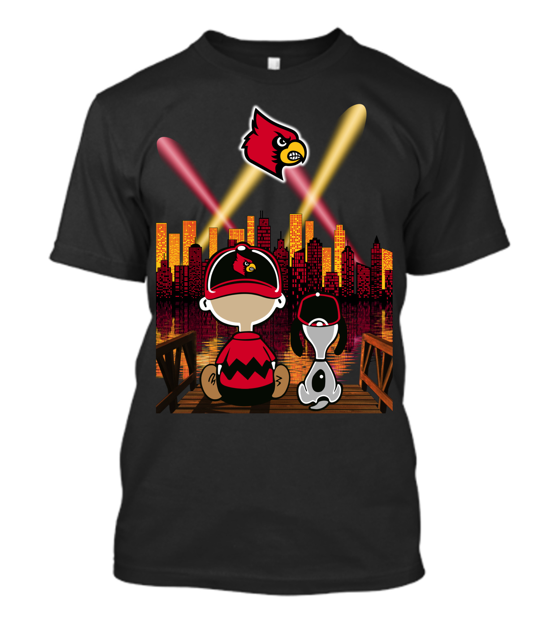 Louisville Cardinals City Lights With Characters Looking At Skyline T-Shirt
