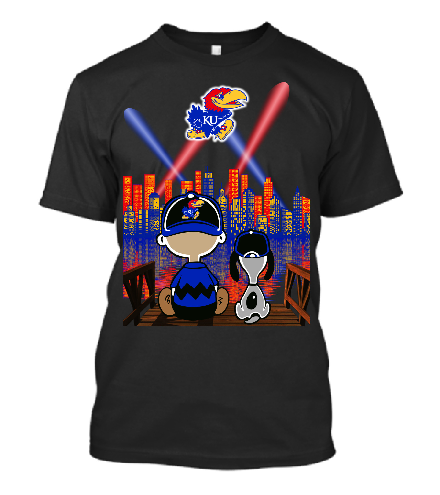 Kansas Jayhawks City Skyline Night Reflections With Mascot And Dog T-Shirt