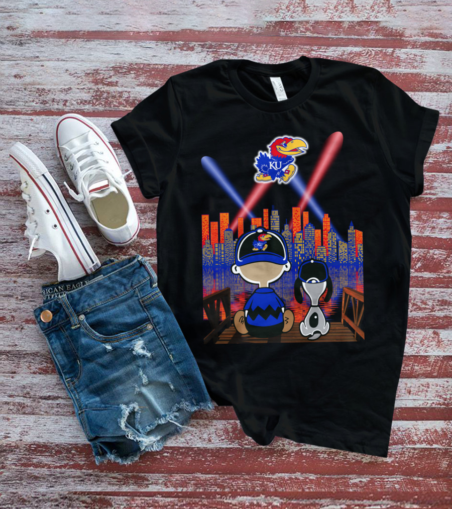 Kansas Jayhawks City Skyline Night Reflections With Mascot And Dog T-Shirt