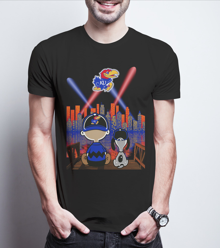 Kansas Jayhawks City Skyline Night Reflections With Mascot And Dog T-Shirt