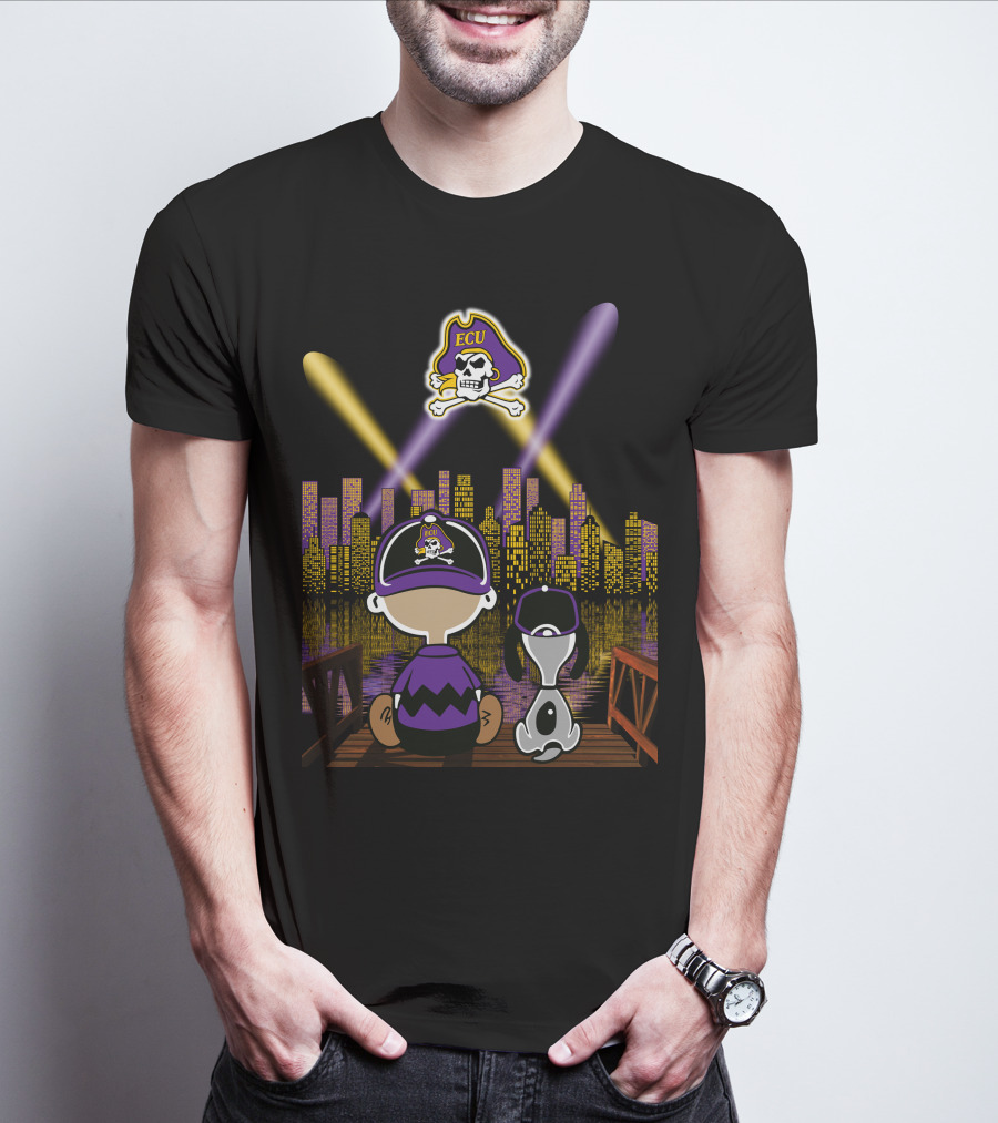East Carolina Pirates Night Cityscape With Ecu Skull Logo And Characters T-Shirt